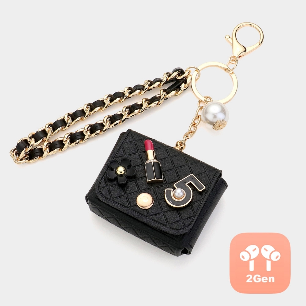 Black Airpod Pro 2nd Generation Case Wristlet Keychain Pearl Leather Lipstick
